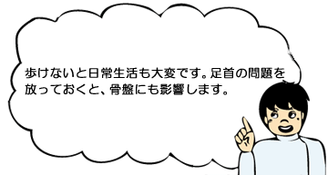 歩けないと日常生活も大変です。足首の問題を放っておくと、骨盤にも影響します。